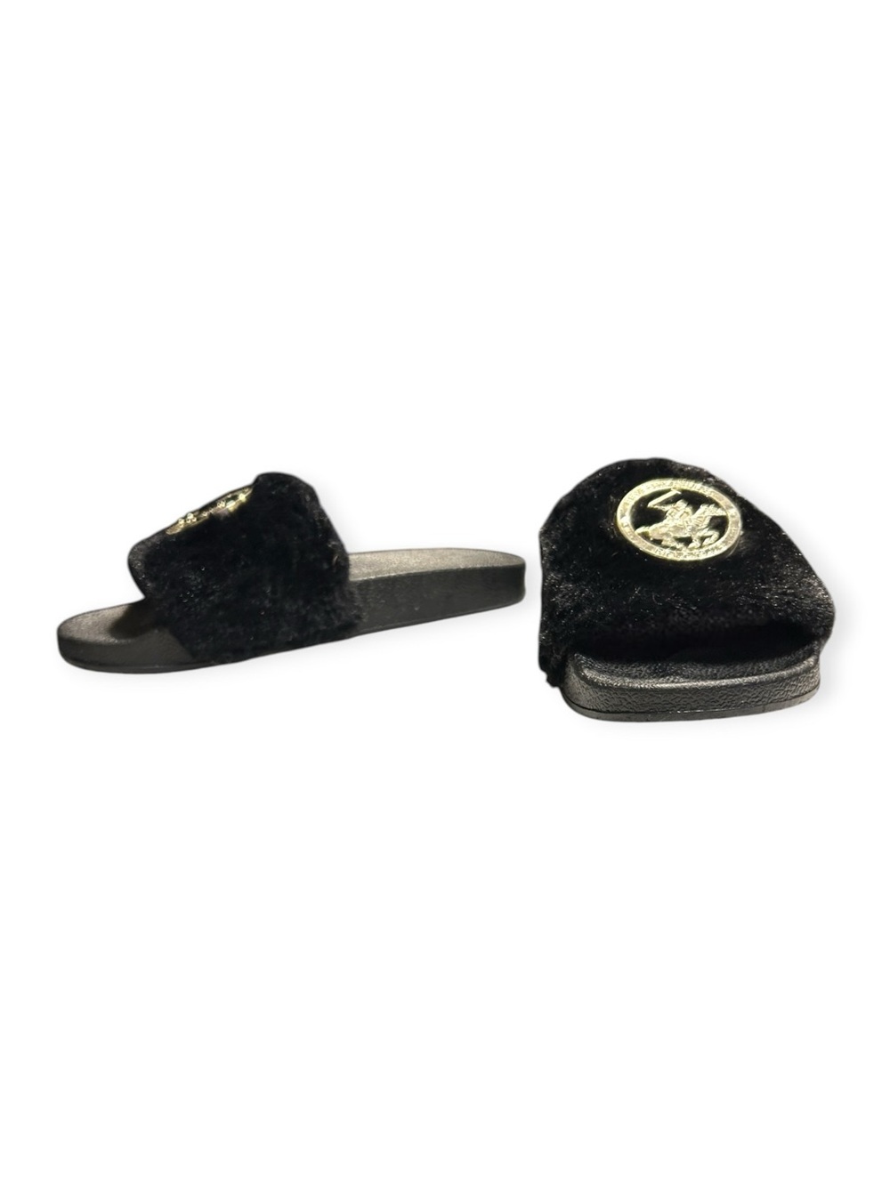 Beverly Hills Polo Club Black Faux Fur Fuzzy Slide Slippers Silver Logo Size 10